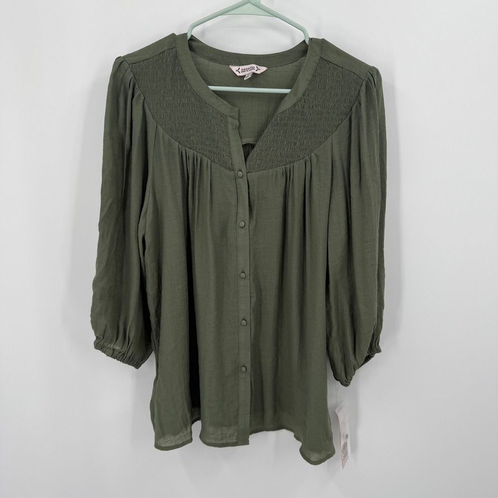 Nanette Lepore Women Green Smocked V Neck Button Front 3/4‎ Sleeve Blouse Top L